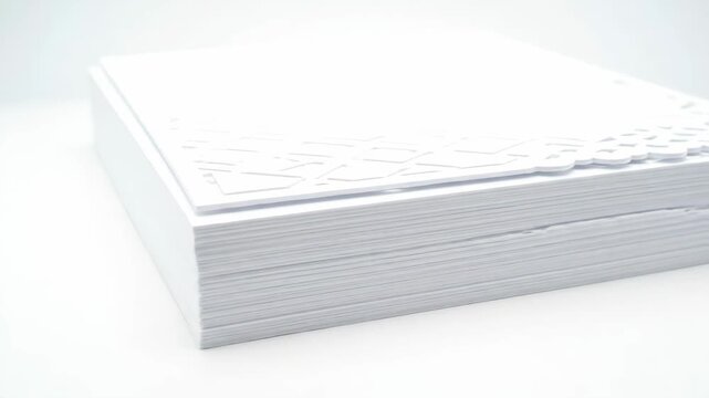 White Paper Stack with Decorative Cutout - A large stack of plain white paper sits on a clean white surface.