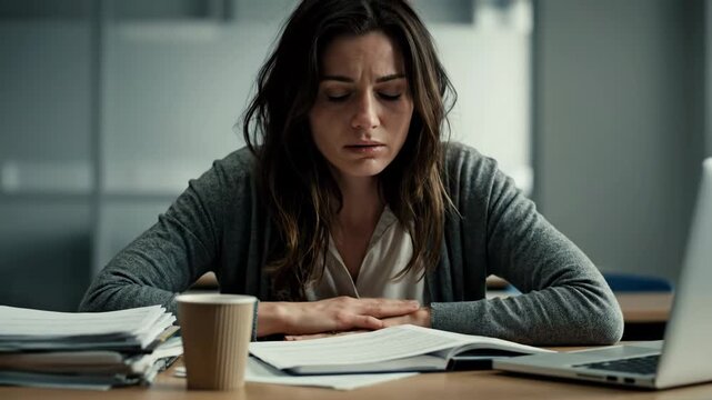 Stressed Woman at Work - A woman sits at her desk looking stressed and overwhelmed. There are large stacks of papers on the desk, along with an open document, a coffee cup, and a laptop.