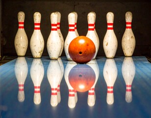 A bowling ball is positioned in front of a full rack of bowling pins. The pins and ball are reflected in the shiny lane surface.