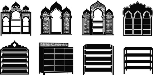 Islamic shelf design, furniture silhouette, decorative shelving, arched architecture, minimalist rack, cultural decor, interior element, cad drawing flat vector illustration