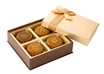 Luxury mooncakes in elegant gift box with golden ribbon for special occasions