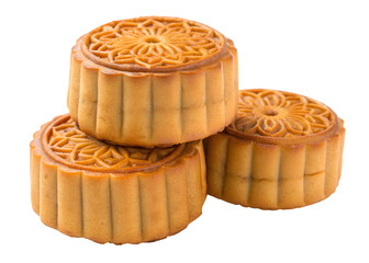 Traditional Chinese mooncakes stacked on top of each other on white background