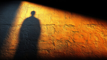 Mysterious Shadow of Man on Wall in Dramatic Light &mdash; Concept of Fear, Solitude or Mystery