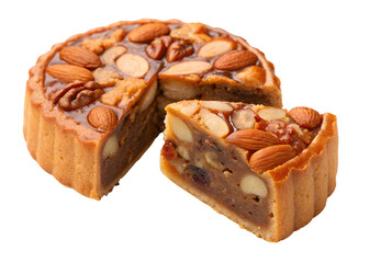 Traditional Chinese mooncake with almonds and nuts, cut open to reveal filling