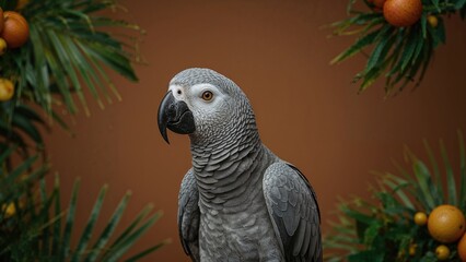 Obraz premium Grey parrot in a lush green environment with orange fruits, surrounded by tropical foliage. Wildlife and exotic bird scene. Nature and bird conservation concept.