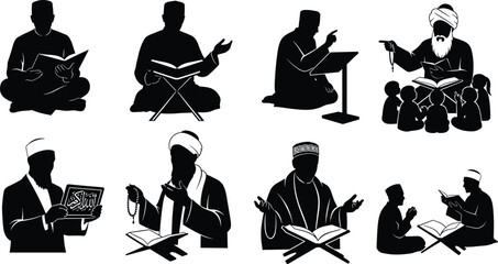 Islamic teaching silhouette, Quran study, traditional attire, prayer beads, religious education, cultural devotion, learning posture, cad drawing flat vector illustration