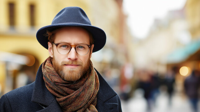 Stylish Bearded Man in Hat and Scarf on City Street