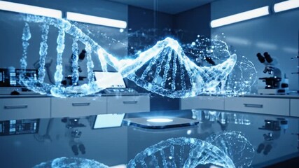 Holographic Blue DNA Helix Projection in Modern Science Laboratory