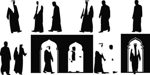 Middle Eastern figures, Islamic attire, cultural silhouette, traditional clothing, arched architecture, human interaction, religious theme, cad drawing flat vector illustration