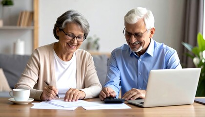 Senior couple working on finances at home, using calculator and laptop, enjoying quality time together, sharing smiles in cozy living room setting