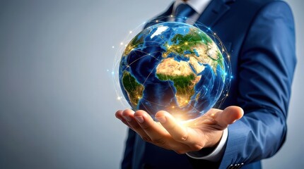 Businessman in Suit Holding a 3D Globe Representing Global Connectivity, Technology, and International Trade with a Professional and Modern Appearance