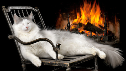 Fluffy White Cat Sleeping on Vintage Chair by Fireplace