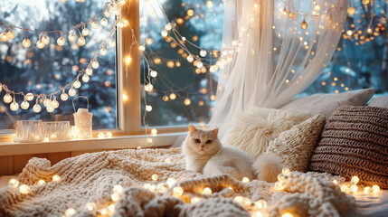Cozy Winter Interior with Fluffy White Cat, String Lights and Knitted Blankets by the Window