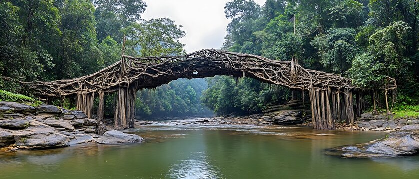 Ancient living root bridge meghalaya india nature landscape travel high resolution image