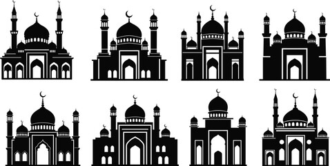 Mosque silhouette set, Islamic architecture, dome and minaret, religious structure, cultural design, sacred building, cad drawing flat vector illustration
