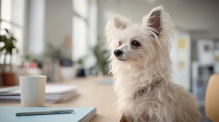 Small dog sits at an office desk symbolizing workplace balance, pet friendly offices, and remote work culture. Concept supports productivity themes, employee wellbeing and modern office lifestyle