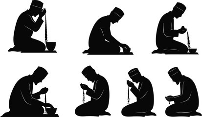 Muslim prayer beads, kneeling silhouette, spiritual devotion, meditative posture, spiritual act, religious practice, devotion pose, Islamic meditation, ritual moment, cultural tradition