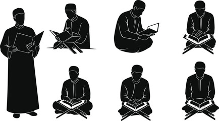 Quran reading silhouette, Islamic study, traditional attire, book stand, religious devotion, cultural practice, spiritual reflection, cad drawing flat vector illustration