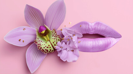 Glossy Pink Lips and Orchid Flower Fusion on Soft Pastel Background