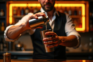 Bartender pouring drink into cocktail shaker at bar counter