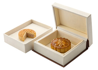 Traditional Chinese mooncakes in elegant white gift boxes for Mid-Autumn Festival celebration