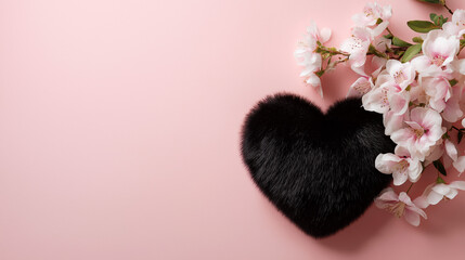 Black Furry Heart and Pink Cherry Blossoms on Pastel Background