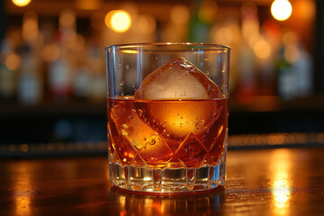 Whiskey in a glass with large ice cube on bar counter