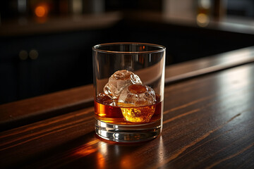 Whiskey glass with ice and bartender in blurred background
