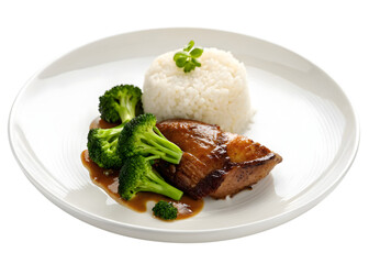 Gourmet grilled pork chop with steamed broccoli and white rice on a modern plate