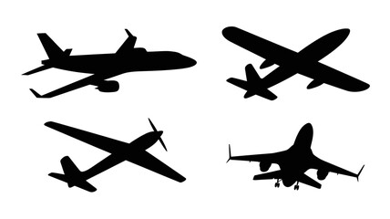 a minimalist depiction of four distinct airplane silhouettes showcasing various aircraft types in a simple black and white illustration high quality professional detailed modern elegant stylish