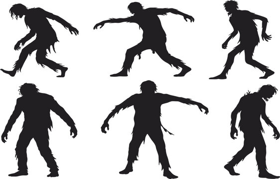 Walking zombie silhouette vector illustration set, undead monsters in tattered clothes for Halloween horror party design