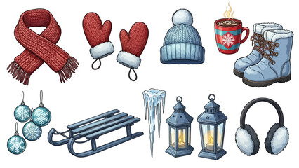 Collection of winter accessories and decorations, including a scarf, mittens, hat, mug, boots, ornaments, sled, lanterns, and earmuffs