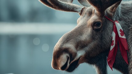 Moose wearing a Canadian scarf represents national identity, wildlife symbolism, and tourism branding. Image supports cultural campaigns, conservation messaging and regional marketing