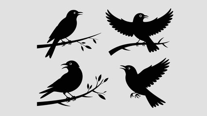 Obraz premium a minimalistic illustration depicts four black silhouettes of birds perched on slender branches with sparse leaves conveying a sense of avian grace high quality professional detailed