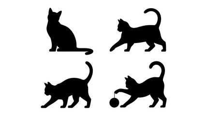 a minimalist depiction showcases four black cat silhouettes in varying poses illustrating playful movement and feline grace against a white background high quality professional detailed modern © rocky