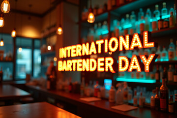 Illuminated International Bartender Day sign in bar