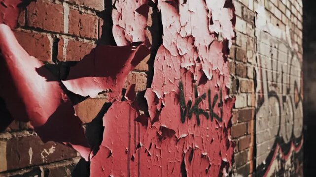 Close up of weathered red paint peeling from brick wall textured surface