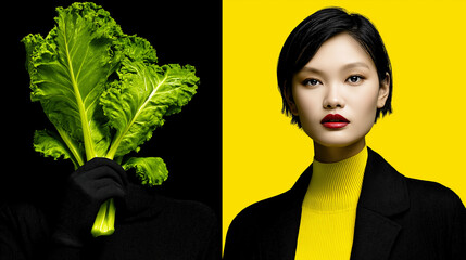Stylish Woman in Black Turtleneck with Kale Leaves on Yellow and Black Background