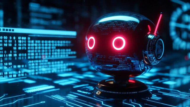 Digital robot with glowing eyes on a circuit board background with binary code. Artificial intelligence concept.