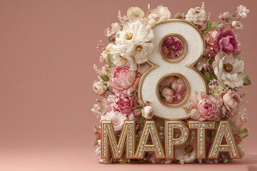 March 8 celebration with floral decorations and a number eight surrounded by flowers