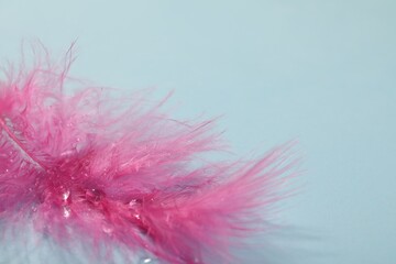 Closeup view of beautiful feather with dew drops on light blue background, space for text