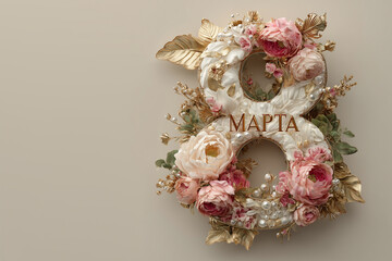 Floral decoration featuring the number 8 and the word Marta for a special event celebration in a simple setting