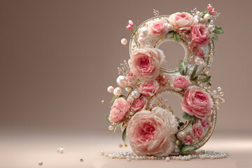 Decorative number eight with pink roses and pearls for celebration or event display