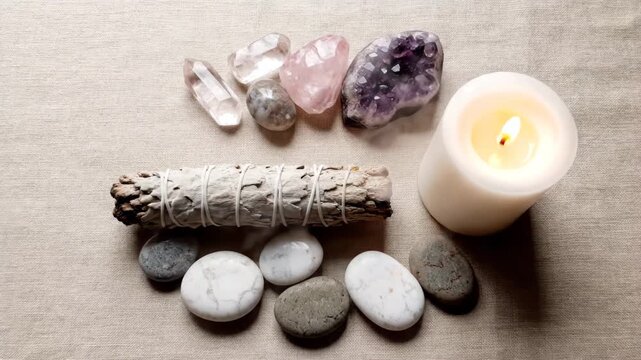 Healing Crystals and Sage with Candle - A still life featuring various healing crystals, smooth rocks, a lit candle, and a bundle of white sage on a textured beige surface.