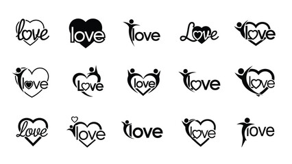 Fototapeta premium Collection of black love logos with hearts and people for valentine's day and romantic designs with romance and icon and graphic and symbol
