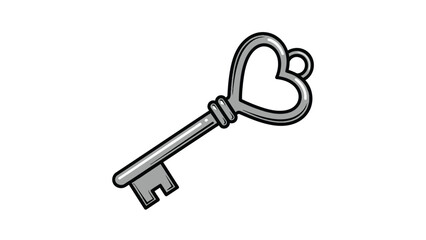 A silver key with a heart shaped bow on a white background with love and illustration and graphic and icon and symbol and lock and open and metal