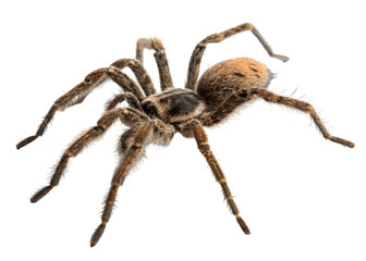 Close-up of a brown furry spider with eight legs on white background