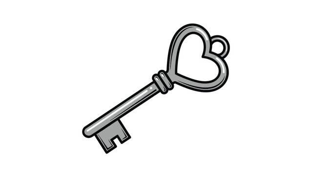 A silver key with a heart shaped bow on a white background with love and illustration and graphic and icon and symbol and lock and open and metal