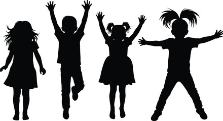 Obraz premium Happy children jumping silhouette group showing joy freedom play celebration childhood innocence energy fun and active lifestyle concept