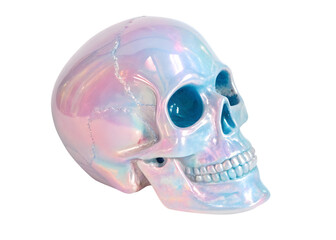 Iridescent holographic human skull with pastel colors for Halloween decoration